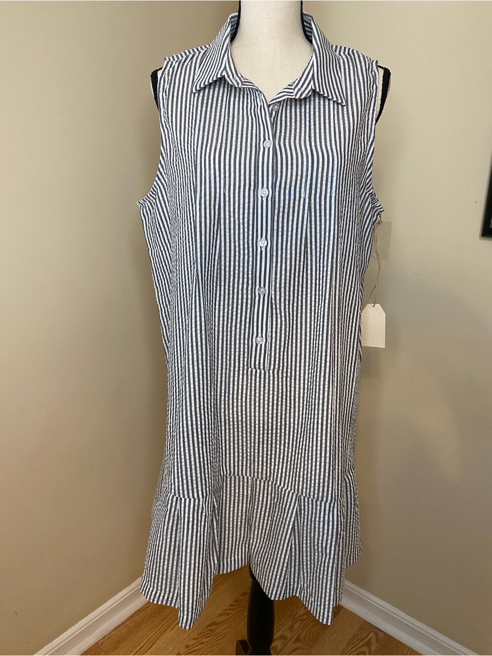 Sleeveless Blue and White Striped Button-Front Romper